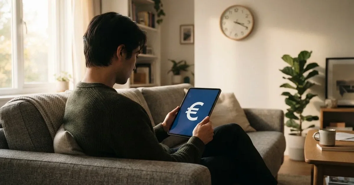 Person am Sofa schaut nachdenklich auf ein Tablet, im Hintergrund eine Uhr — casino bonus ohne einzahlung
