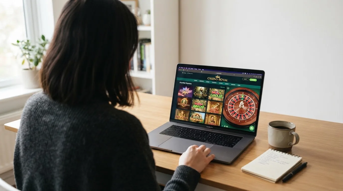 Person am Laptop liest eine Übersichtsseite zu Glücksspielen im Internet — casino guthaben ohne einzahlung