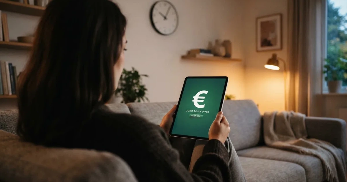 Person am Sofa schaut nachdenklich auf ein Tablet, im Hintergrund eine Uhr — casino guthaben ohne einzahlung