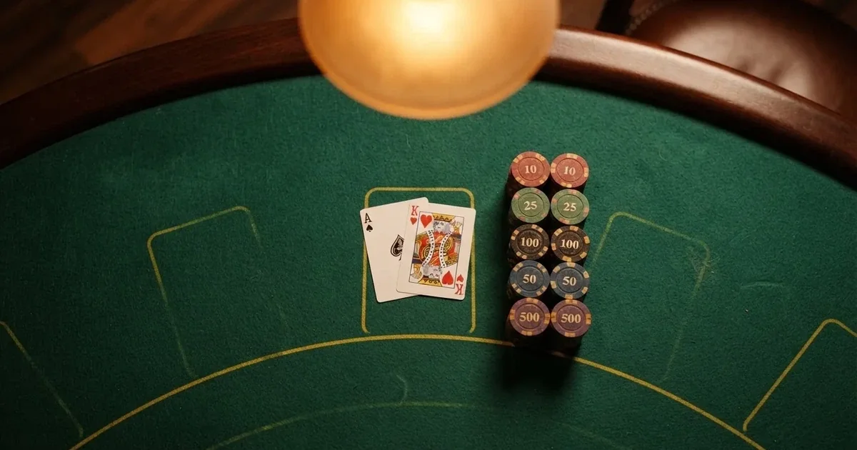 Beleuchteter Spieltisch mit Karten, von oben gesehen — casino mit hoher gewinnchance
