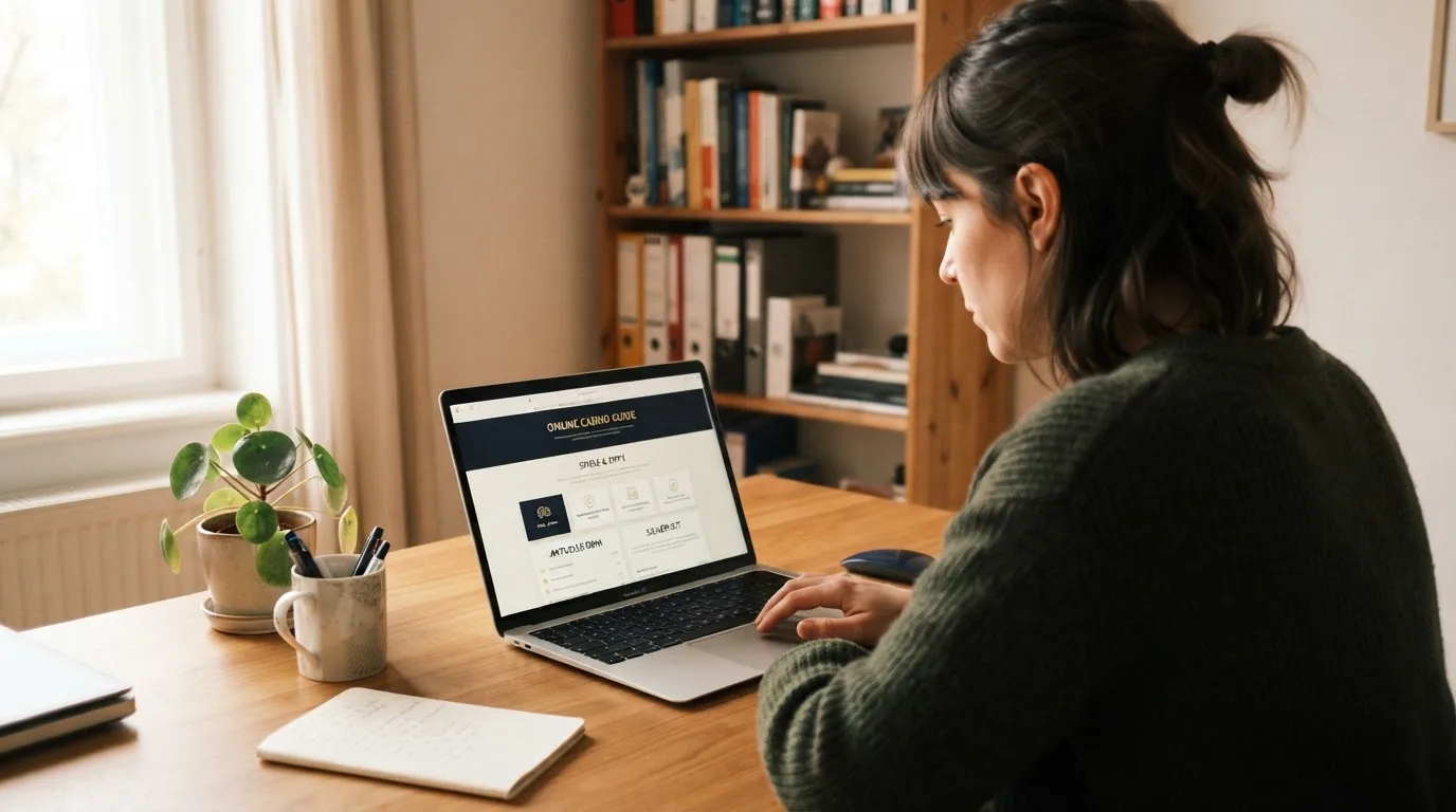 Person am Laptop liest eine Übersichtsseite zu Glücksspielen im Internet — casino online mit bonus ohne einzahlung