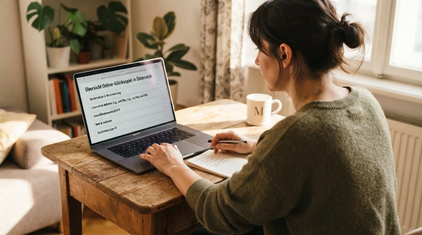 Person am Laptop liest eine Übersichtsseite zu Glücksspielen im Internet — handy casino echtgeld bonus ohne einzahlung