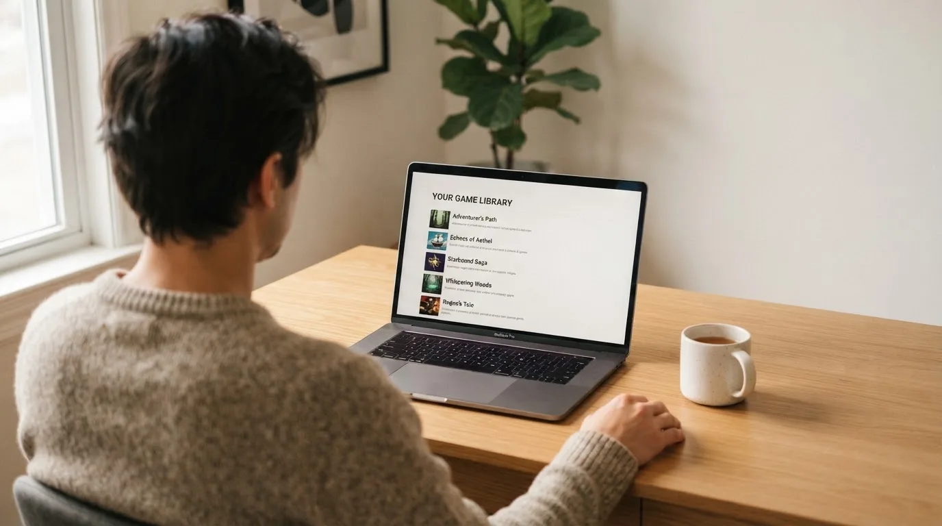 Person am Laptop liest eine Übersichtsseite zu Glücksspielen im Internet — online casino mit autoplay