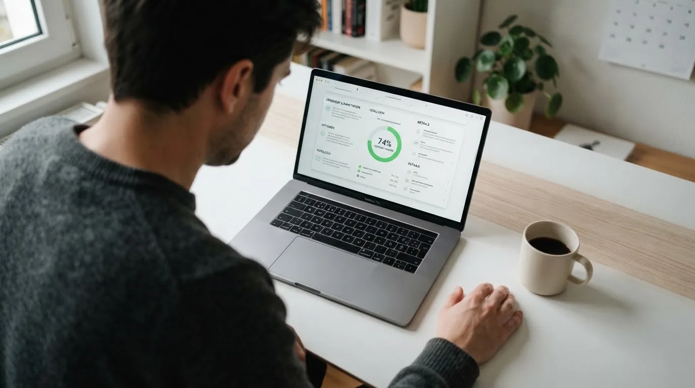 Person am Laptop liest eine Übersichtsseite zu Glücksspielen im Internet — online casino schnelle auszahlung