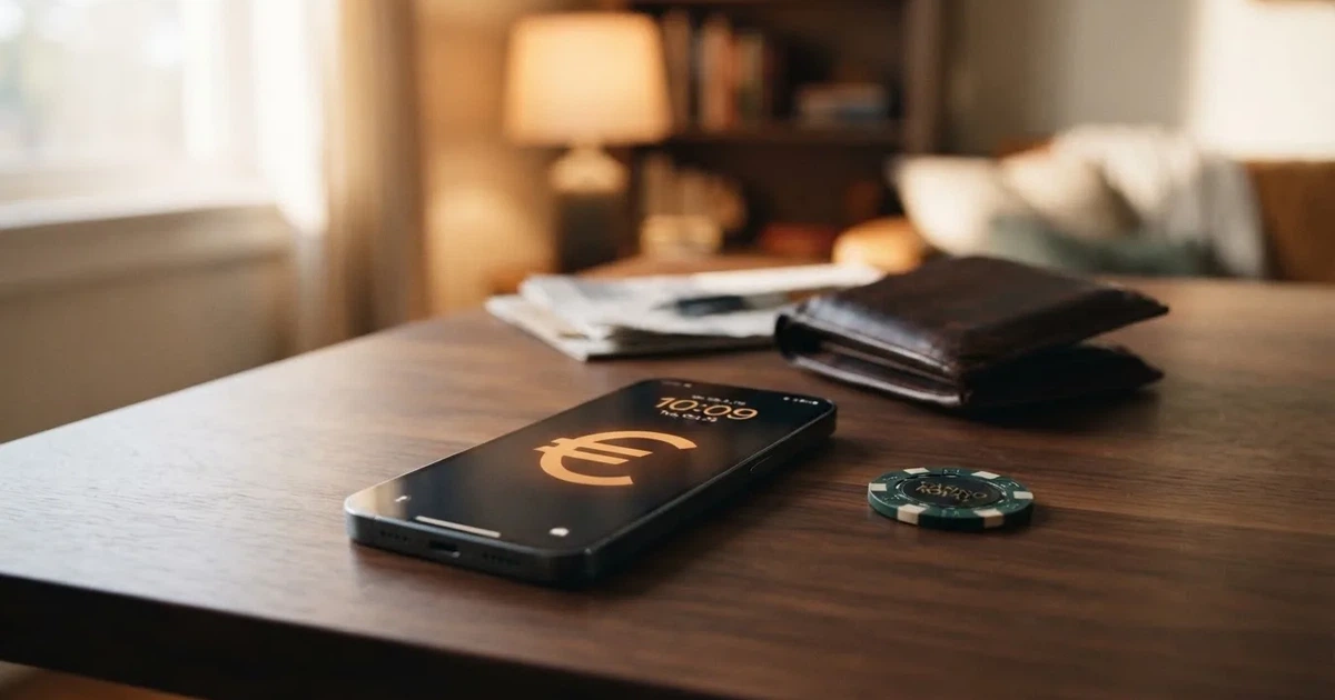 Kartenterminal und Smartphone auf einem Holztisch neben einer Geldbörse — online casino schnelle auszahlung